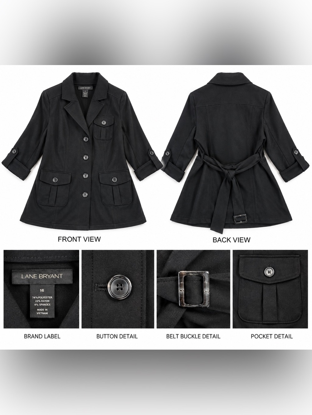 NWT Lane Bryant Women’s Black Belted Utility Jacket – Size 16